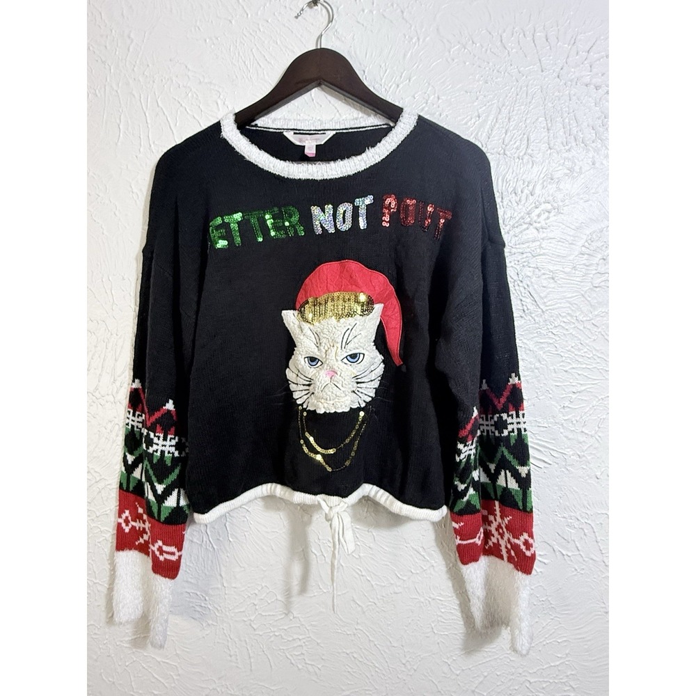 No Boundaries 3XL 21 Grumpy Cat Better Not Pout Ugly Christmas Sweater Sequin